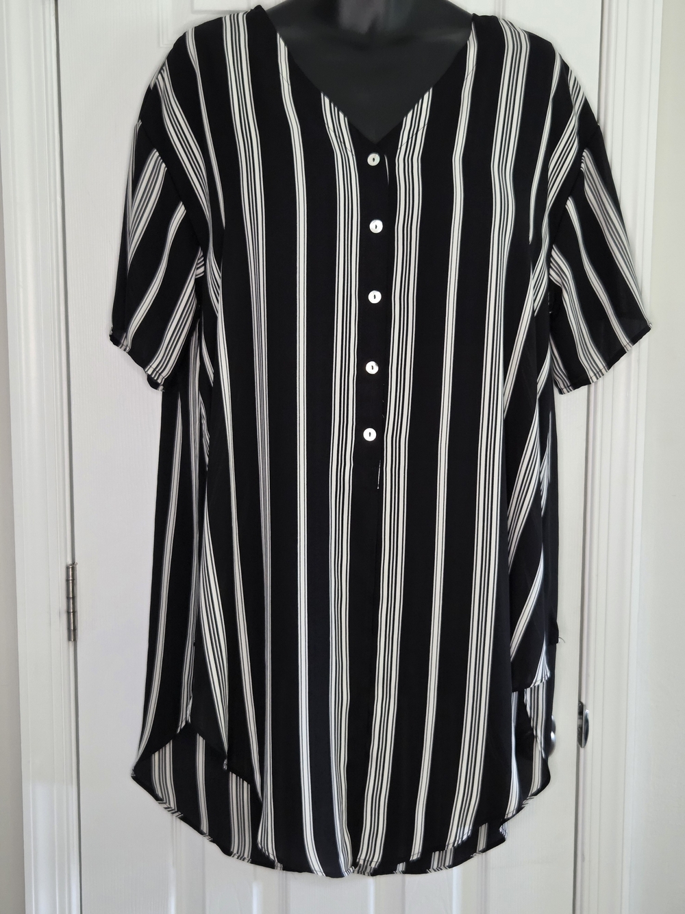 NY Collection Black and White Vertical Stripe Button-Front Tunic
